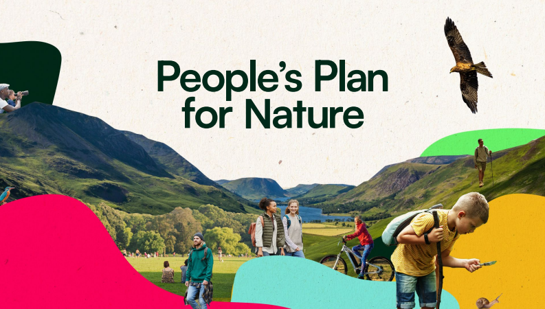 Image reads People's Plan for Nature, which images of birds, mountains people in nature, behind