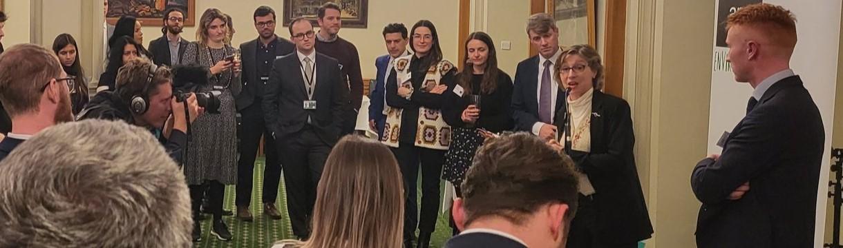 Environment APPG christmas reception, crowded room with Rebecca Pow MP speaking